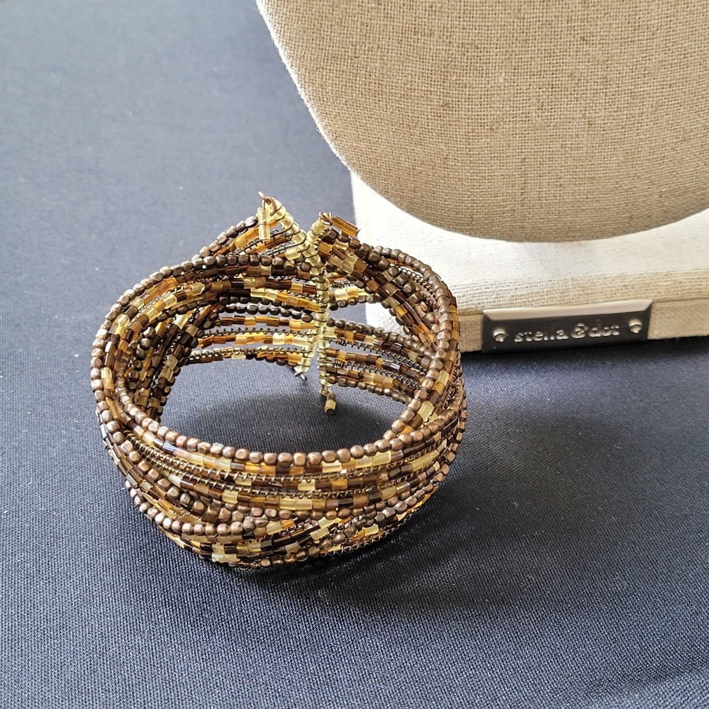 Vintage Earth Tone Seed Bead Cuff Bracelet Woven Memory Wire Boho Wide